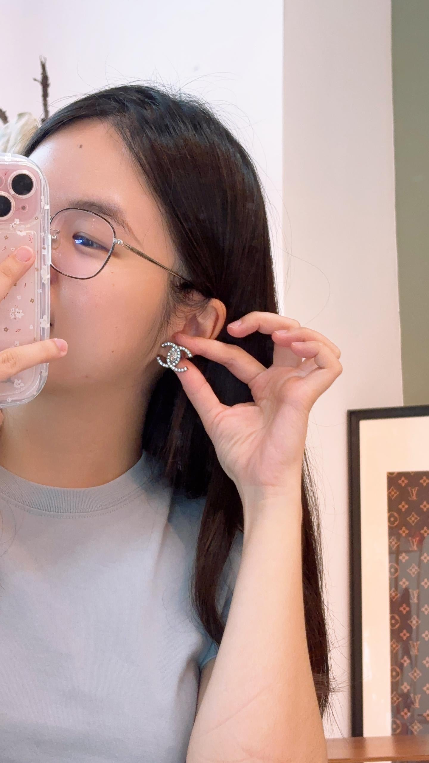 Chanel Silver CC Rhinestones Earrings