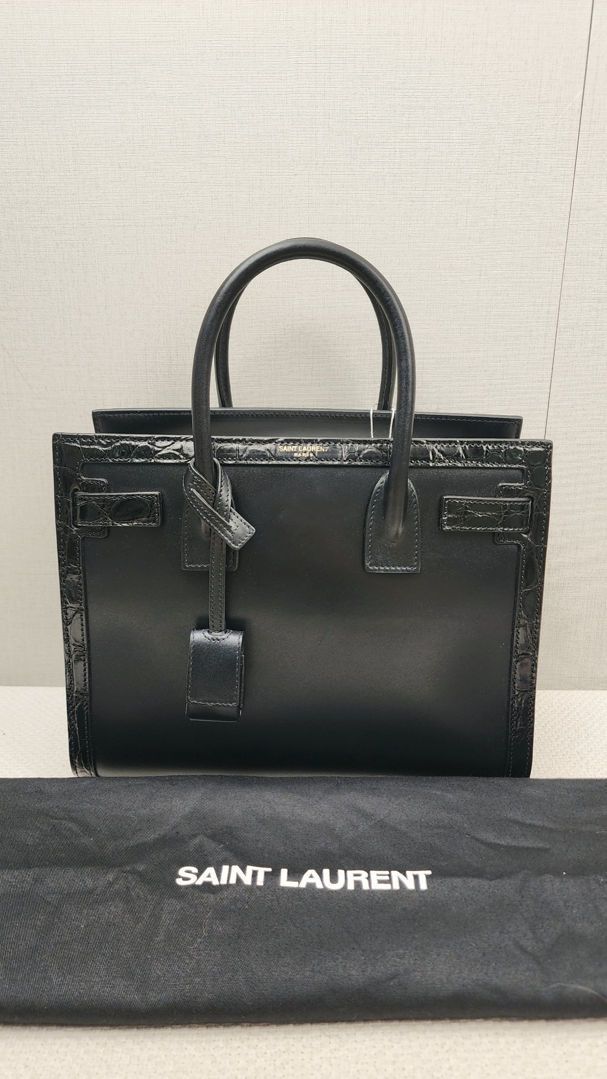 YSL Black Calfskin Sac De Jour Baby with Croc Trim