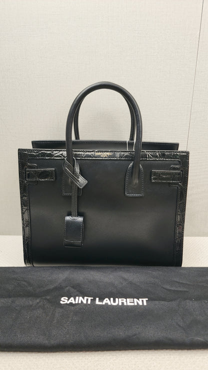 YSL Black Calfskin Sac De Jour Baby with Croc Trim