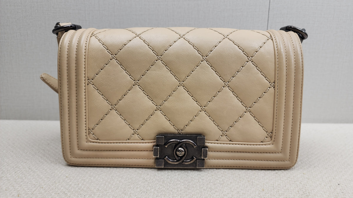 Chanel Beige Calfskin Wildstitch Old Medium Boy