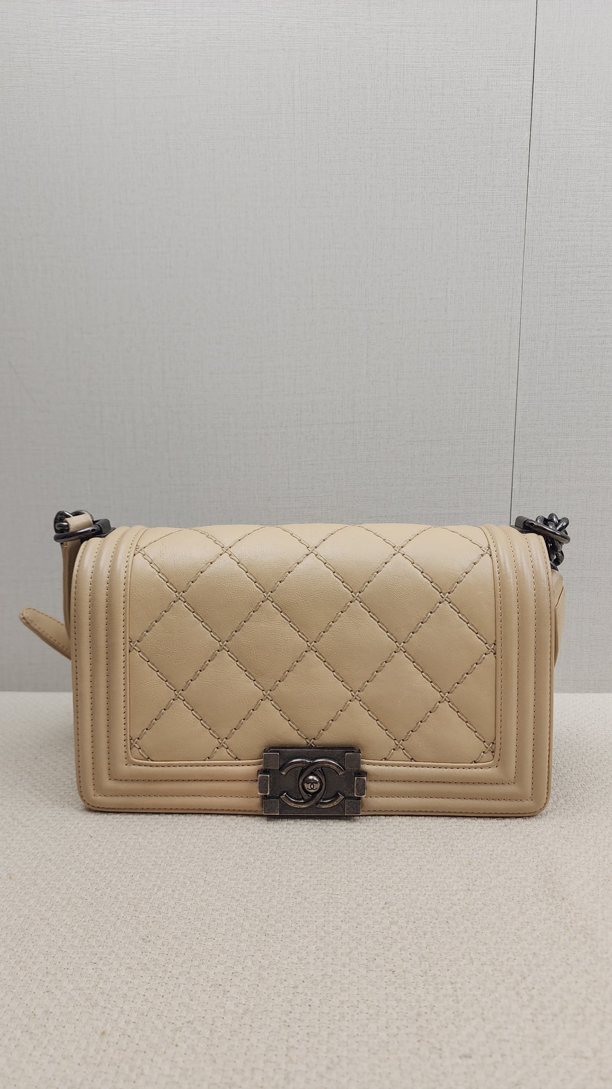 Chanel Beige Calfskin Wildstitch Old Medium Boy