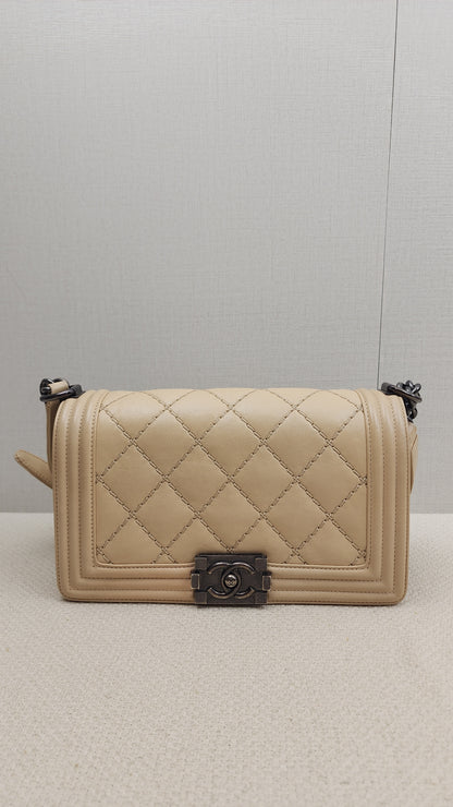 Chanel Beige Calfskin Wildstitch Old Medium Boy