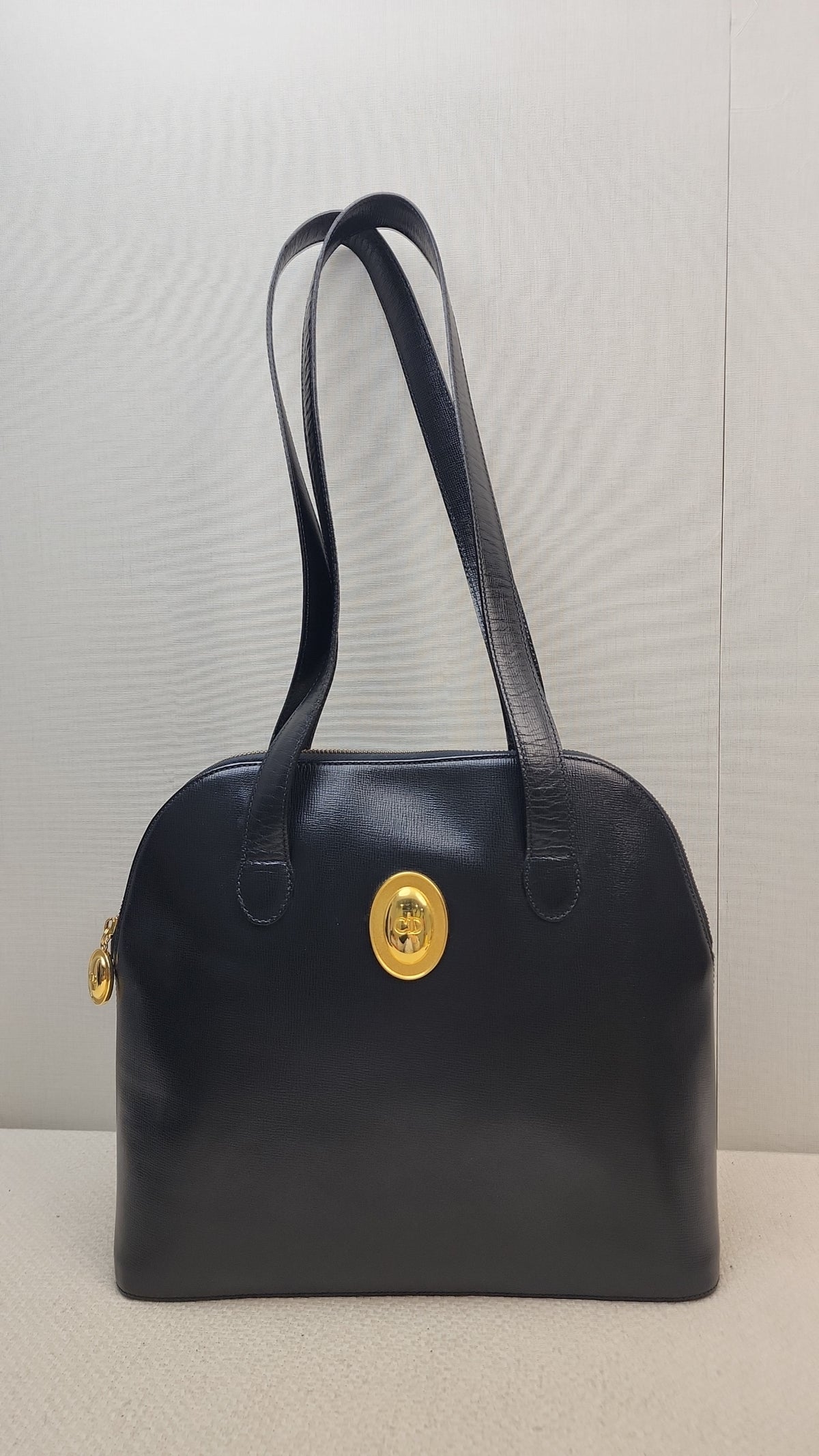 Dior Black Leather Logo Medallion Shoulder Bag