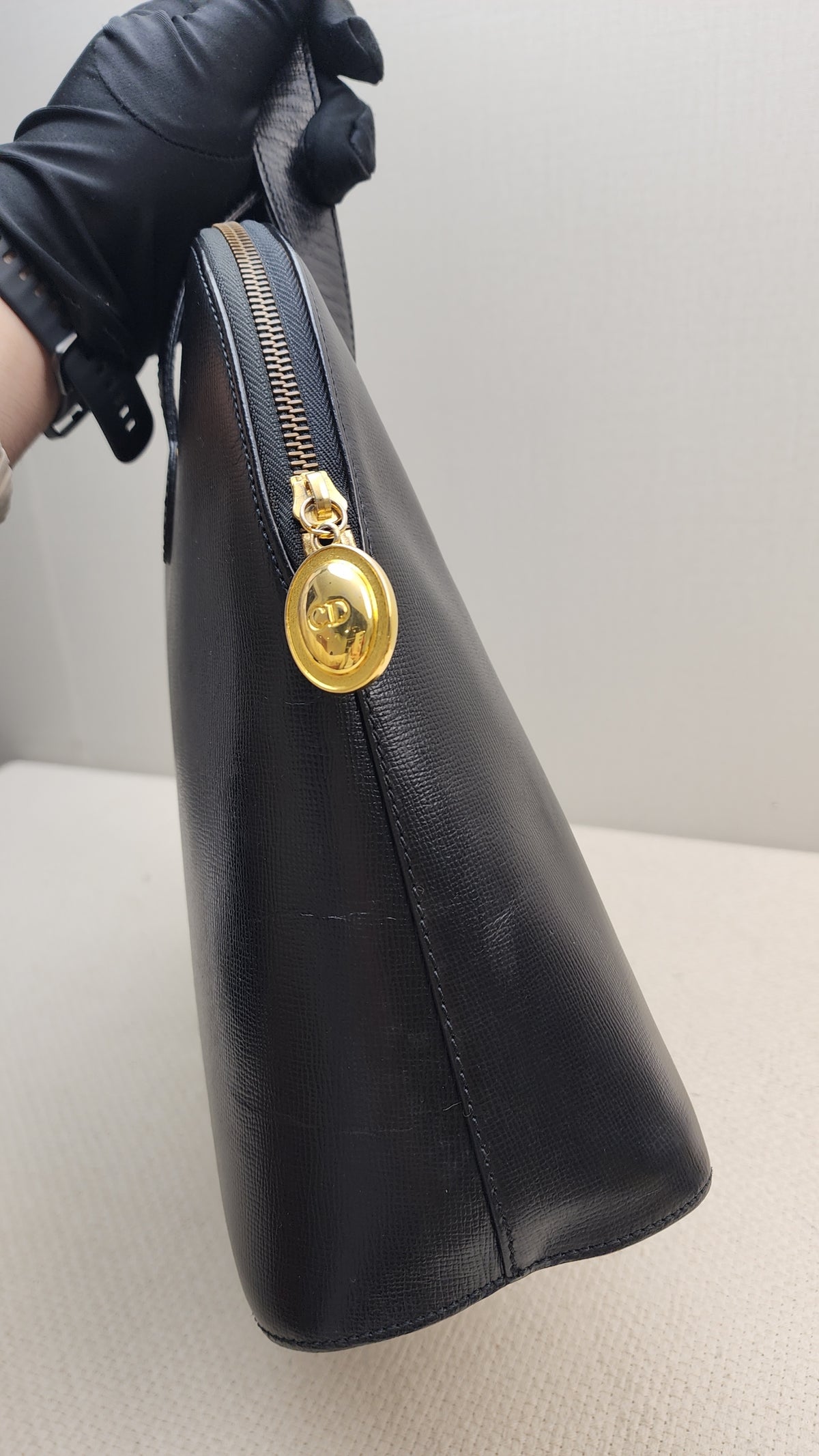 Dior Black Leather Logo Medallion Shoulder Bag