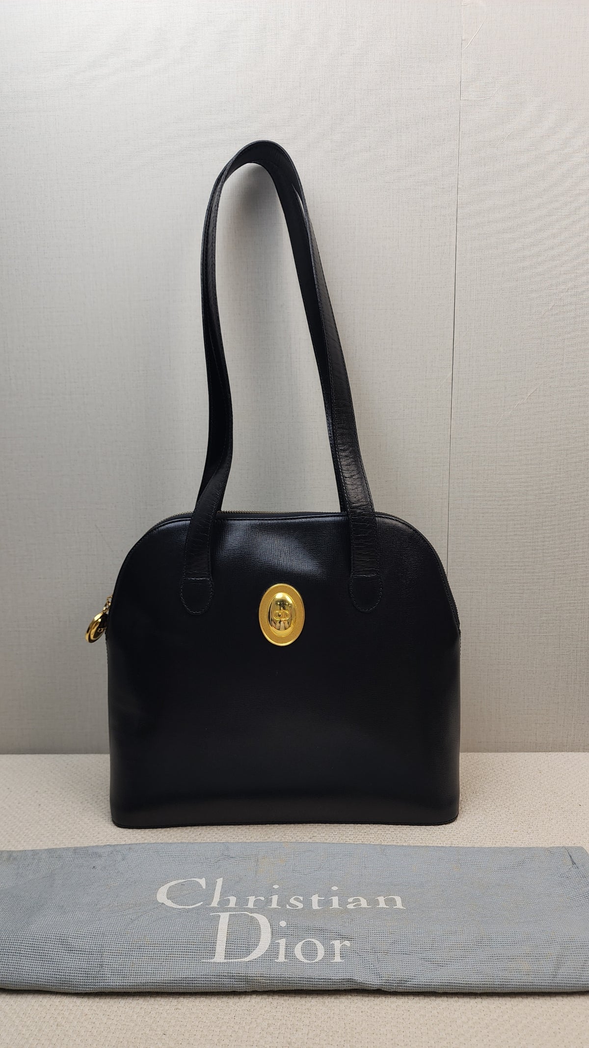 Dior Black Leather Logo Medallion Shoulder Bag