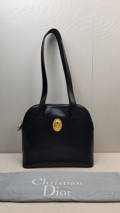 Dior Black Leather Logo Medallion Shoulder Bag