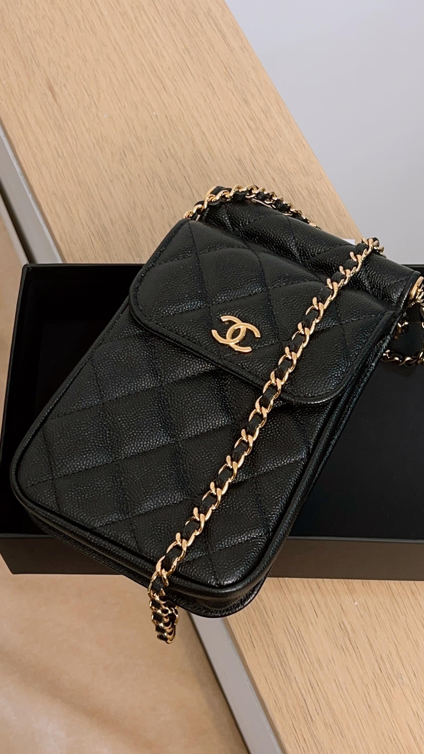 Chanel Black Caviar Vertical Phone Bag Ghw