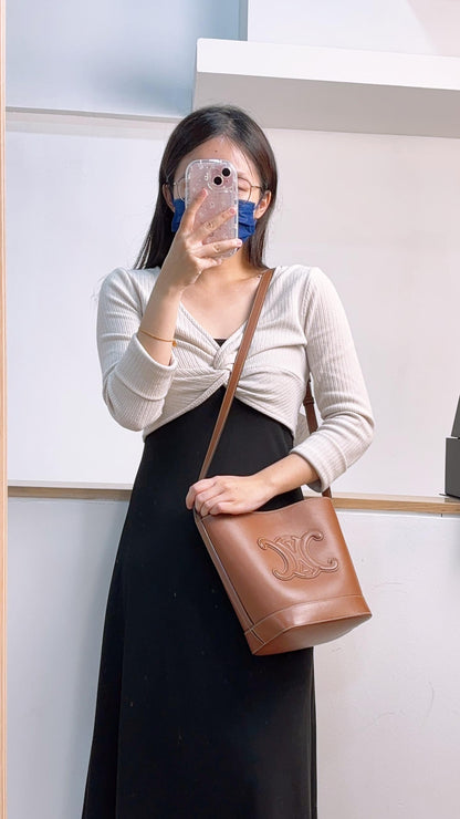 Celine Tan Calfskin Small Triomphe Bucket Bag