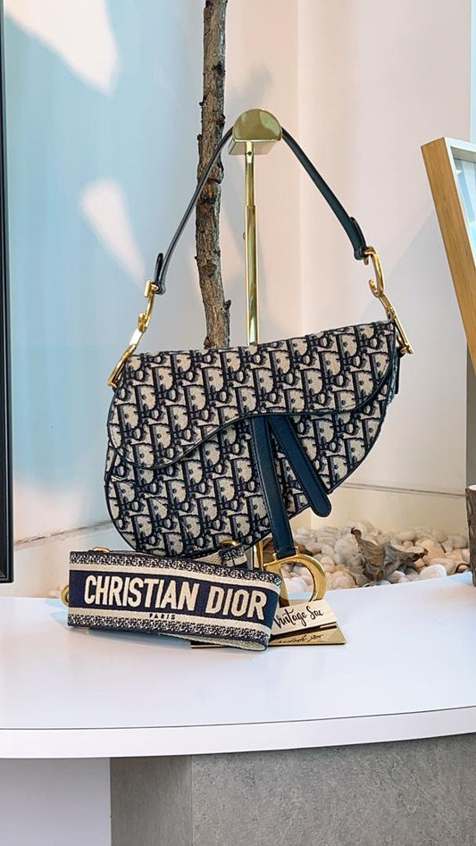 Dior Navy Oblique Medium Saddle w Strap