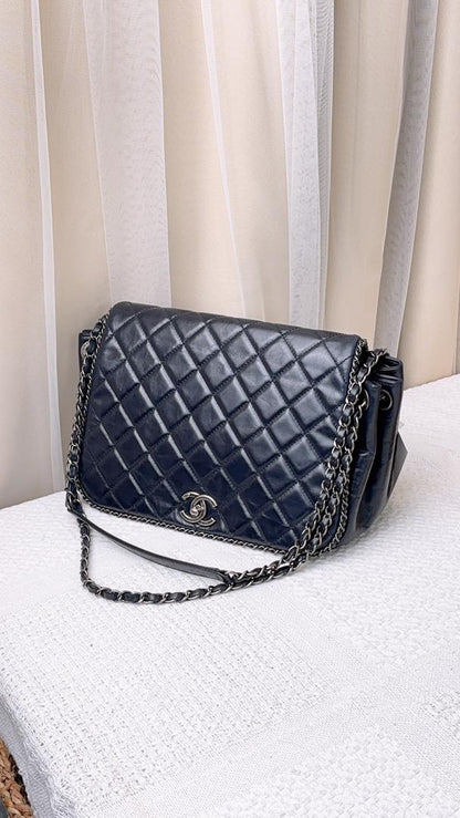 Chanel Navy Calfskin Chain Around Accordian Shoulder Bag (RHW)