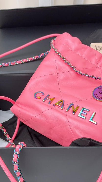 Chanel Pink Shiny Calfskin Mini 22 Bag with Rainbow Hardware