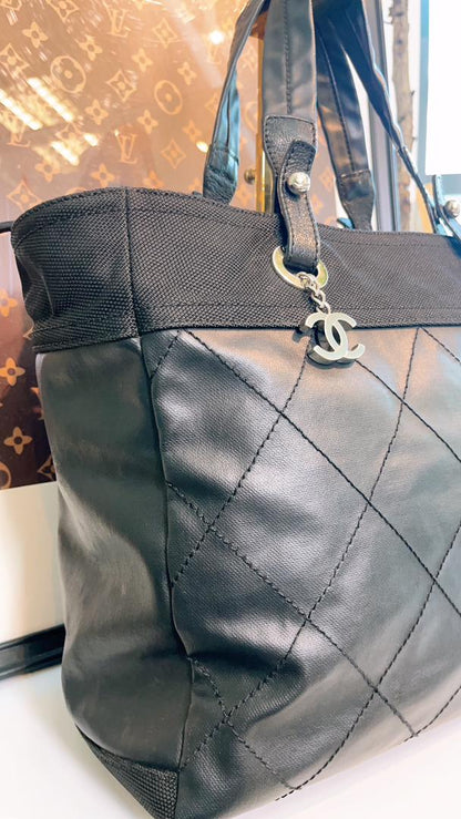 Chanel Black Coated Canvas Medium Biarritez Tote (SHW)