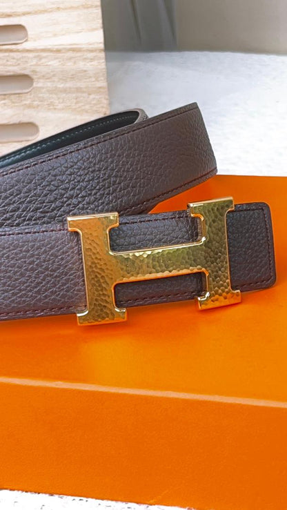 Hermes Brown/Black Marfelee Buckle Belt GHW 32mm