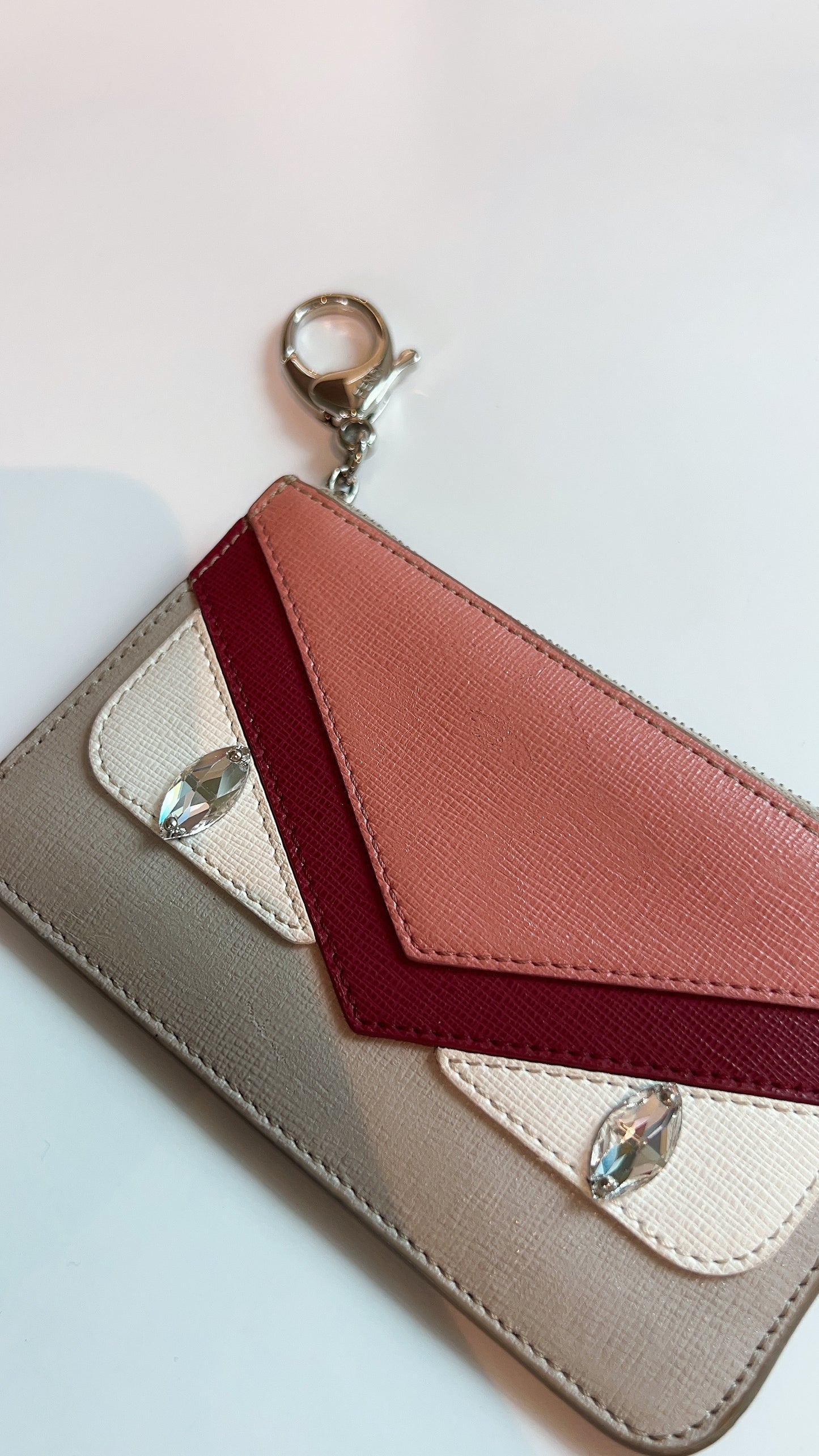 Fendi Beige Pink Leather Monster Eyes Zipped Coin Pouch