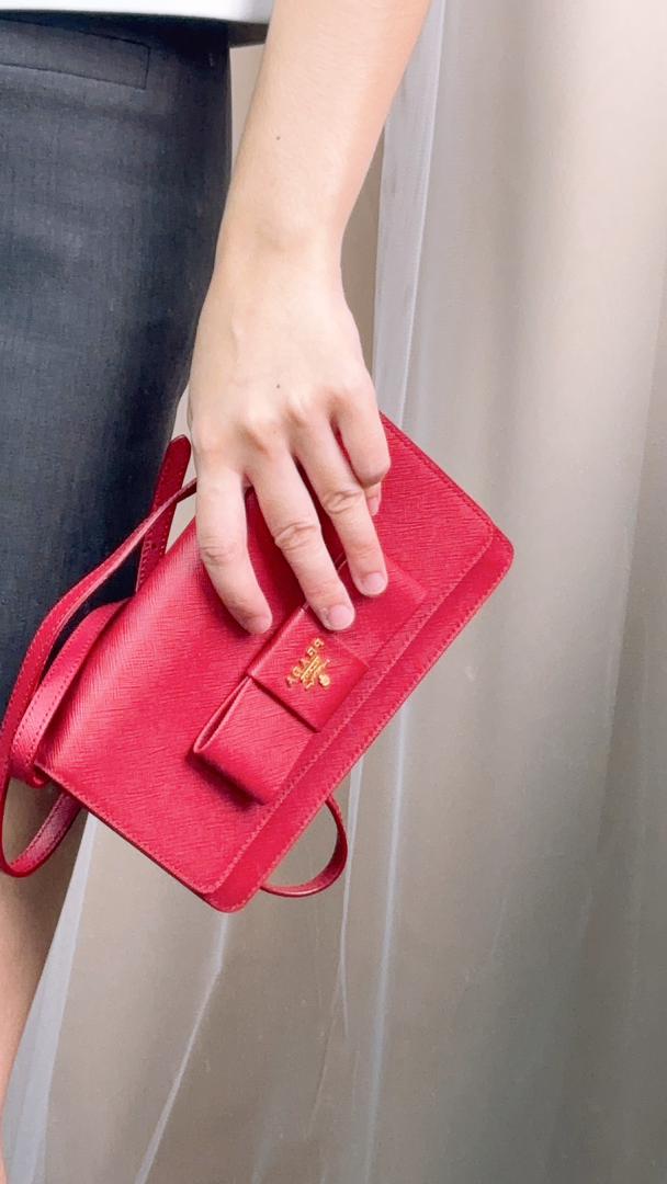 Prada Red Saffiano Bow Wallet with Strap