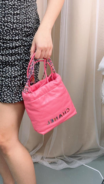 Chanel Pink Shiny Calfskin Mini 22 Bag with Rainbow Hardware