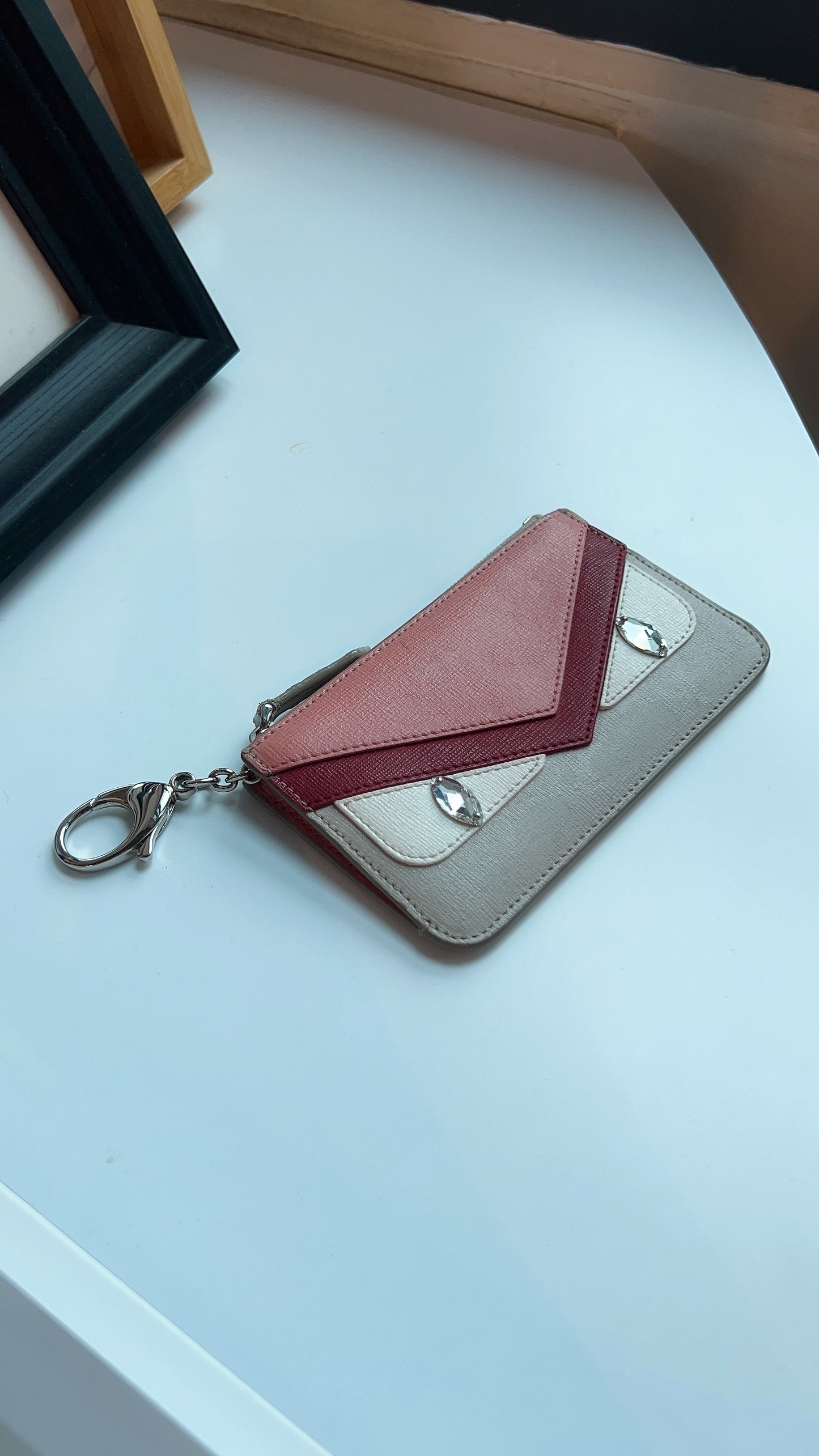 Fendi Beige Pink Leather Monster Eyes Zipped Coin Pouch