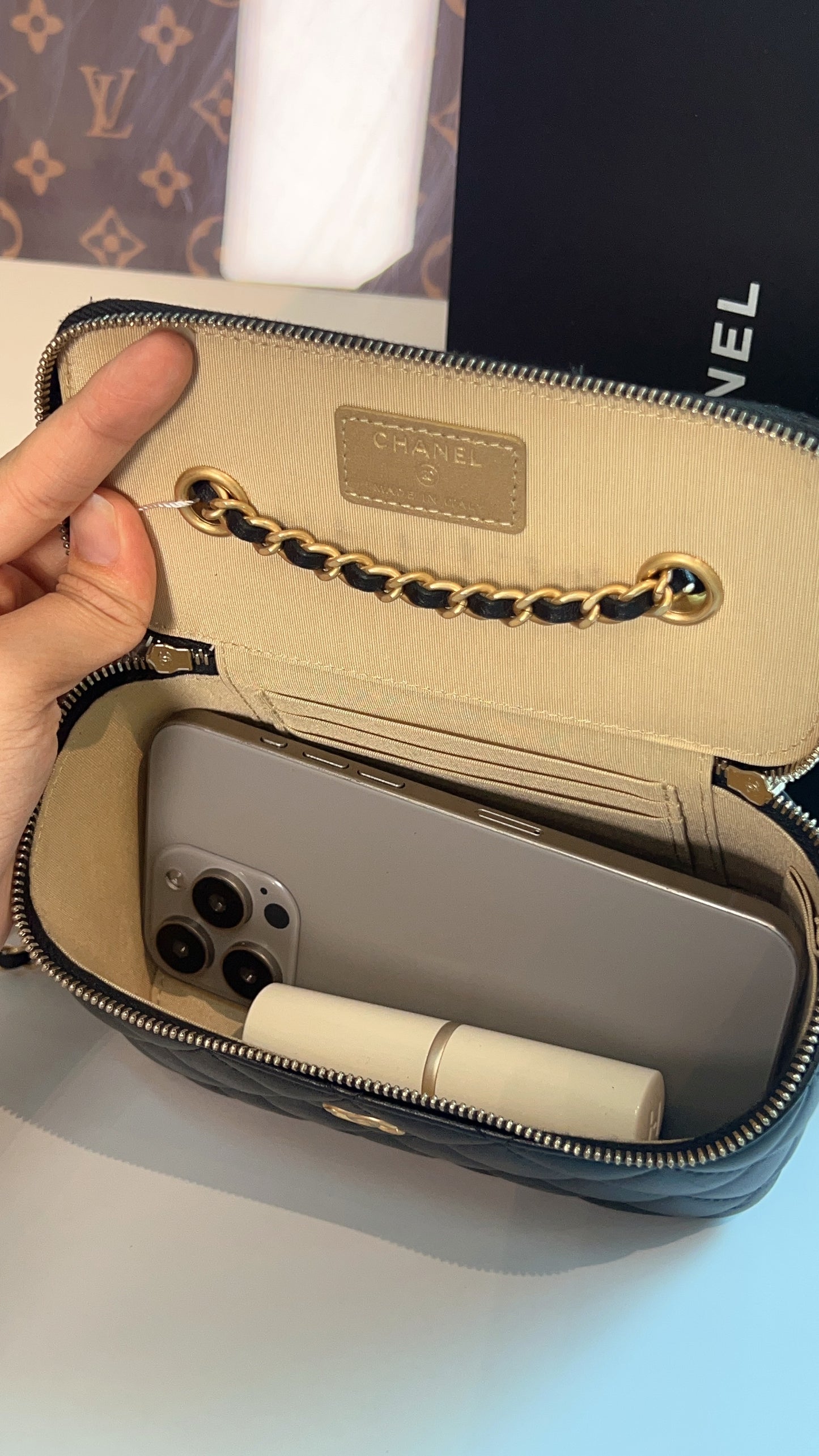 Chanel Black Lambskin Vanity in Pearl Crush