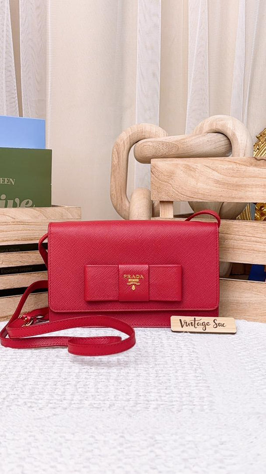 Prada Red Saffiano Bow Wallet with Strap