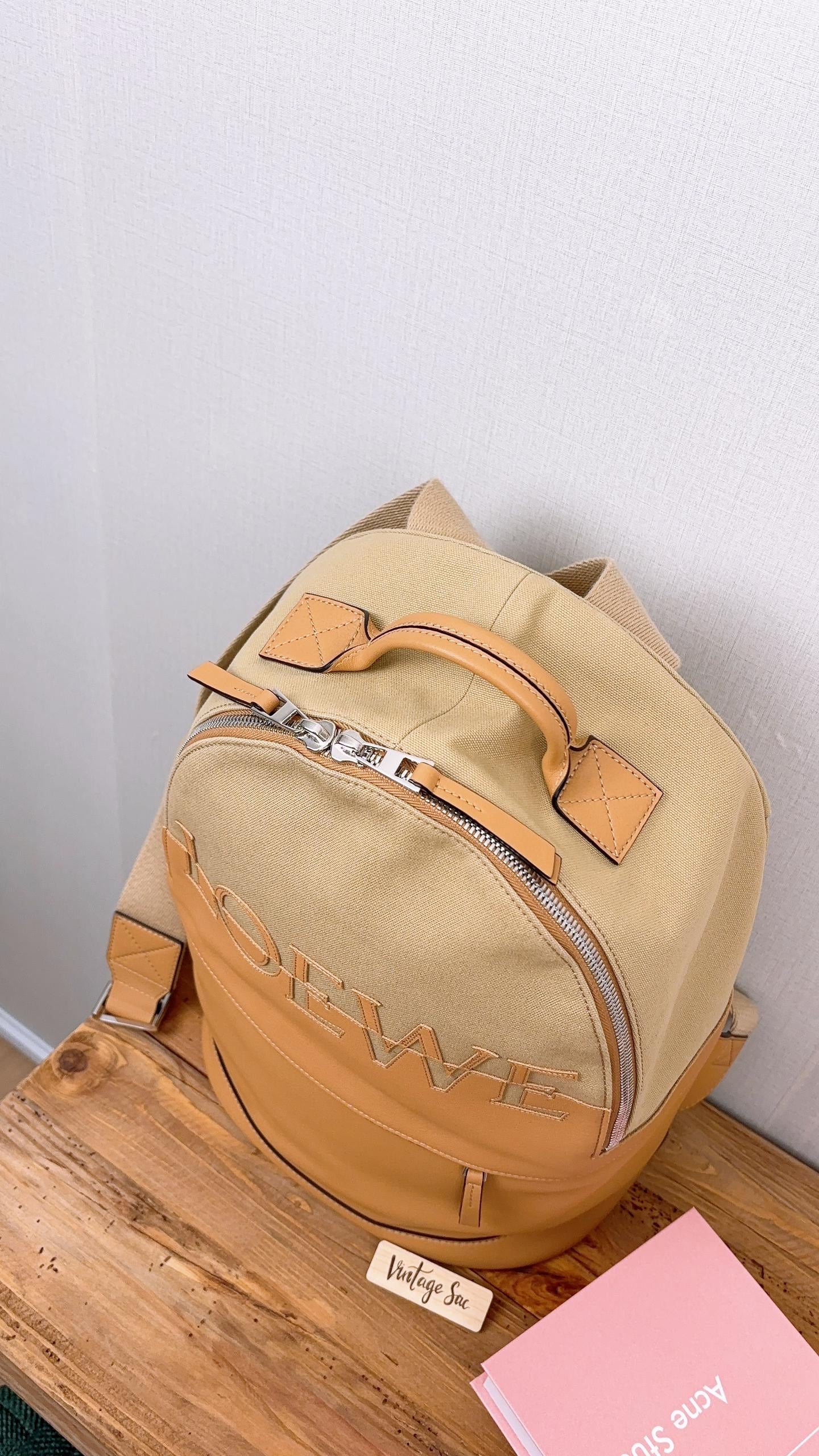 Loewe Camel Beige Calfskin Canvas Backpack