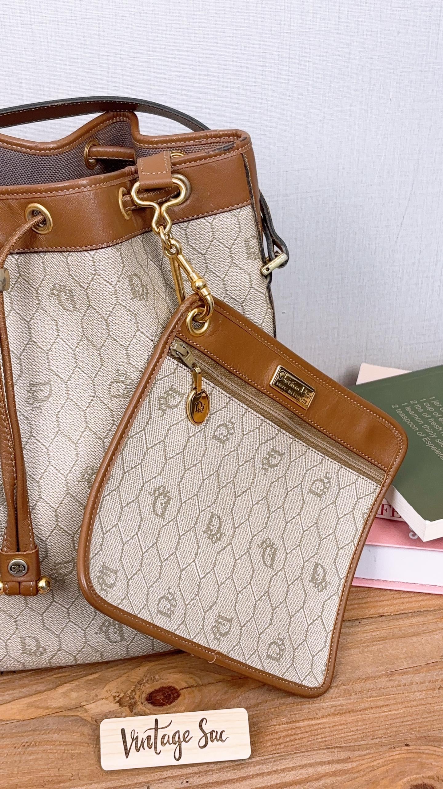 Dior Brown Coated Canvas Honeycomb Drawstring Bucket Bag