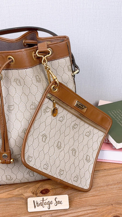 Dior Brown Coated Canvas Honeycomb Drawstring Bucket Bag