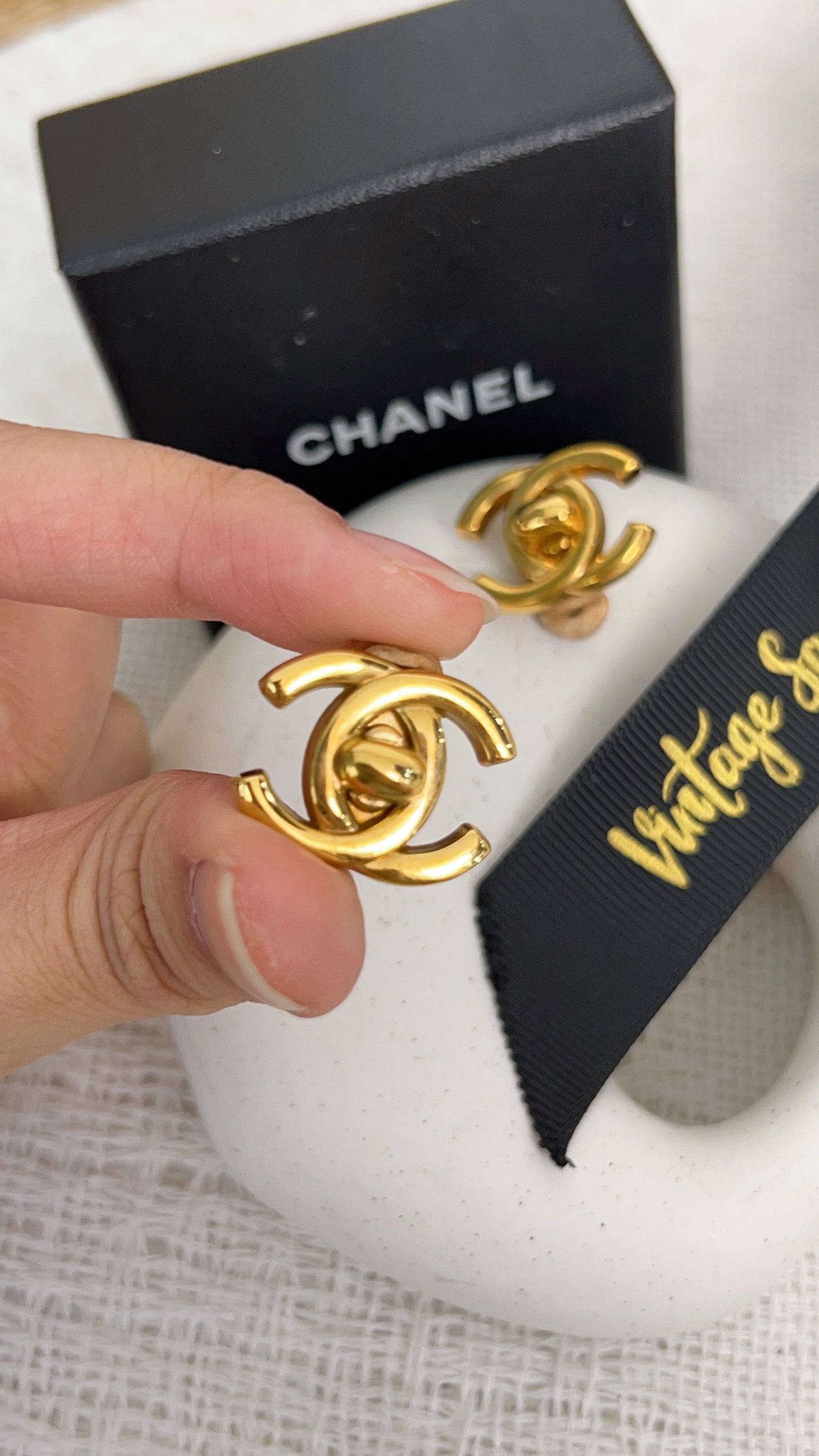 Chanel Vintage CC Turn Lock Clip on Earrings