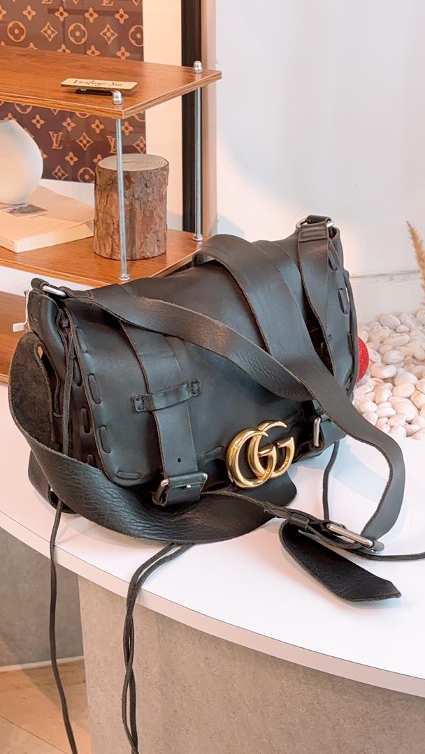 Gucci Black Calfskin Marmont Laced Messenger Bag
