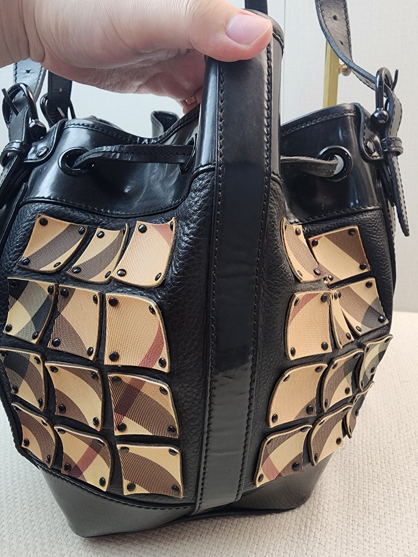 Burberry Nova Check Studded Warrior Armour Hobo Bag