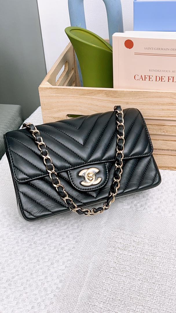 Chanel Black Lambskin Chevron Mini Rectangular (LGHW)