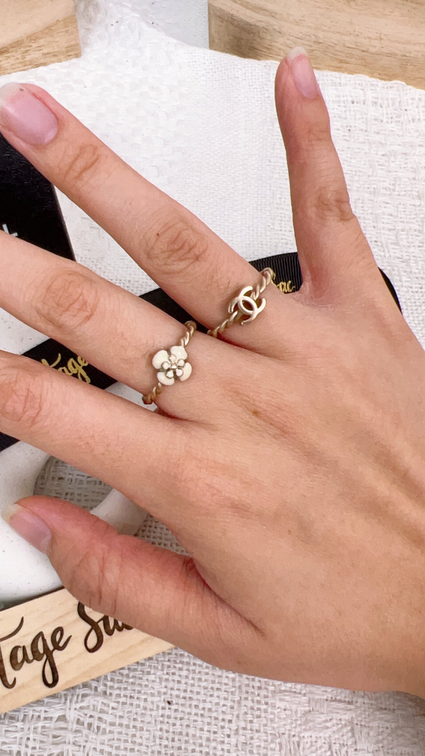 Chanel Antique CC Logo & Camellia 2 Ring Set