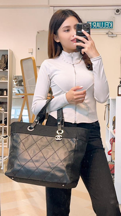 Chanel Black Coated Canvas Medium Biarritez Tote (SHW)