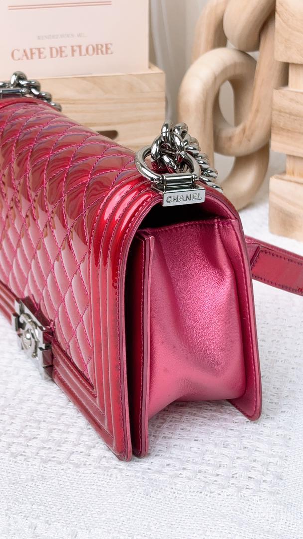 Chanel Fuchsia Pink Patent Old Medium Boy Flap Bag (SHW)