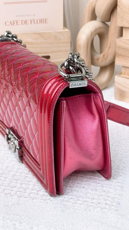 Chanel Fuchsia Pink Patent Old Medium Boy Flap Bag (SHW)