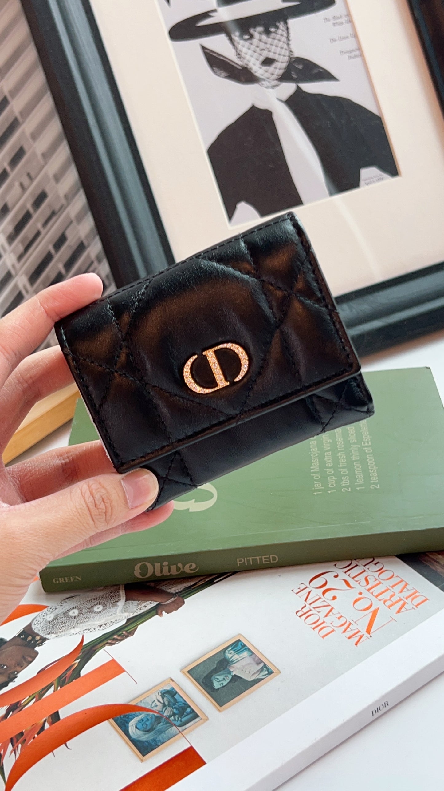 Dior Black Caro Hibiscus Crystal L Zip Wallet