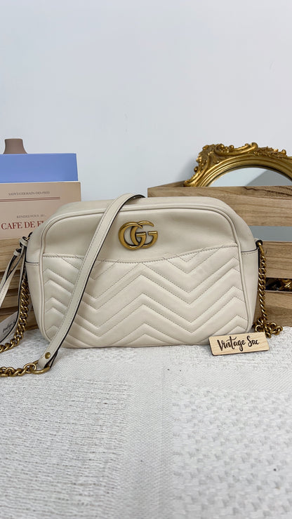 White Calfskin Medium Marmont Camera Bag GHW