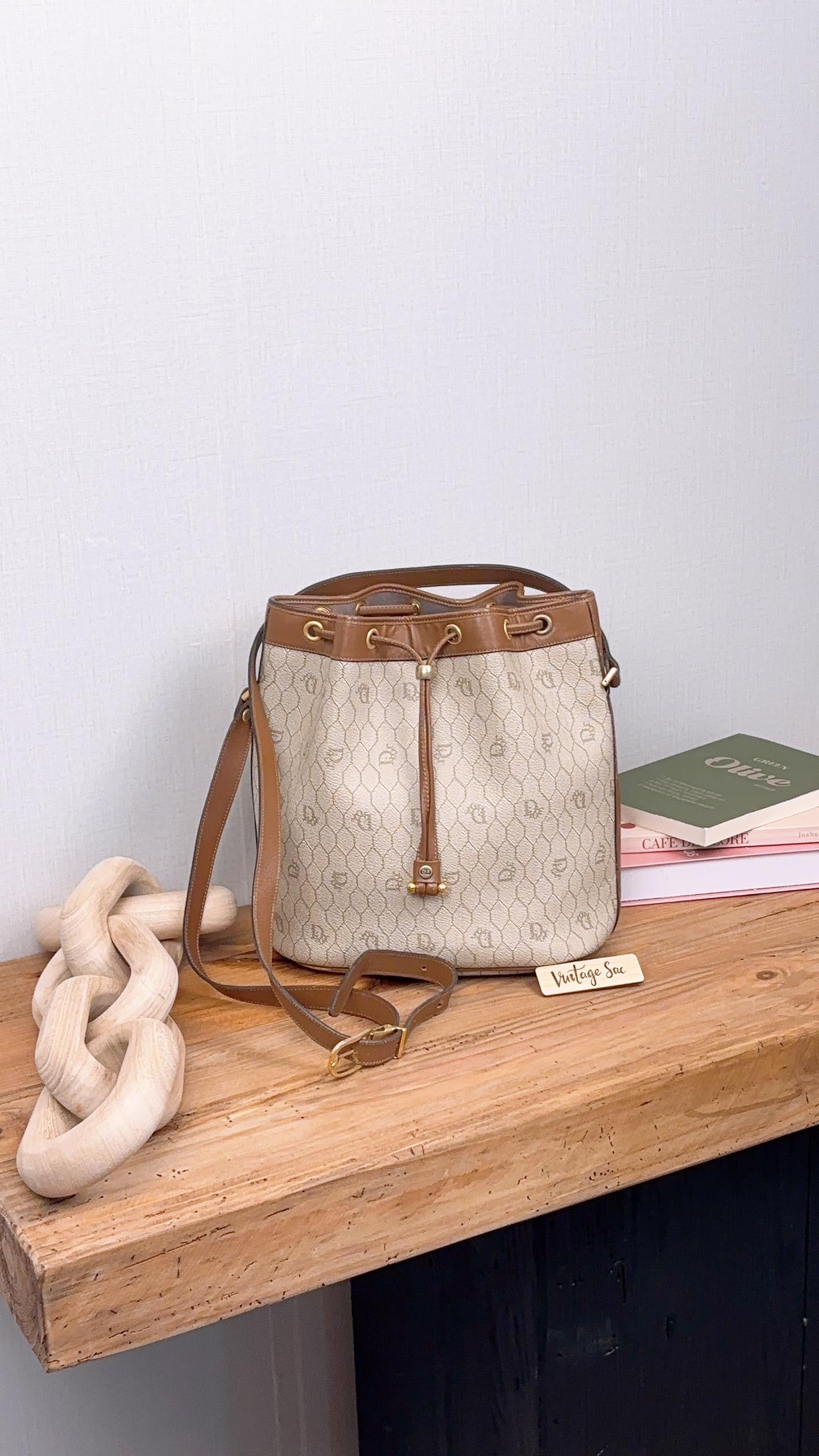 Dior Brown Coated Canvas Honeycomb Drawstring Bucket Bag