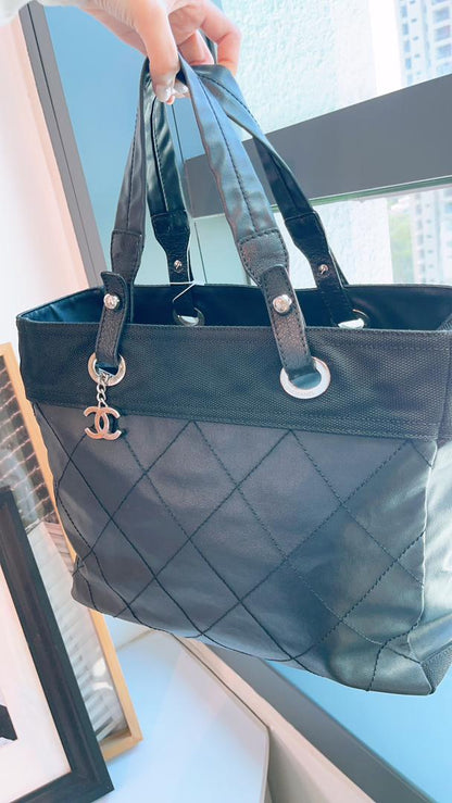 Chanel Black Coated Canvas Medium Biarritez Tote (SHW)