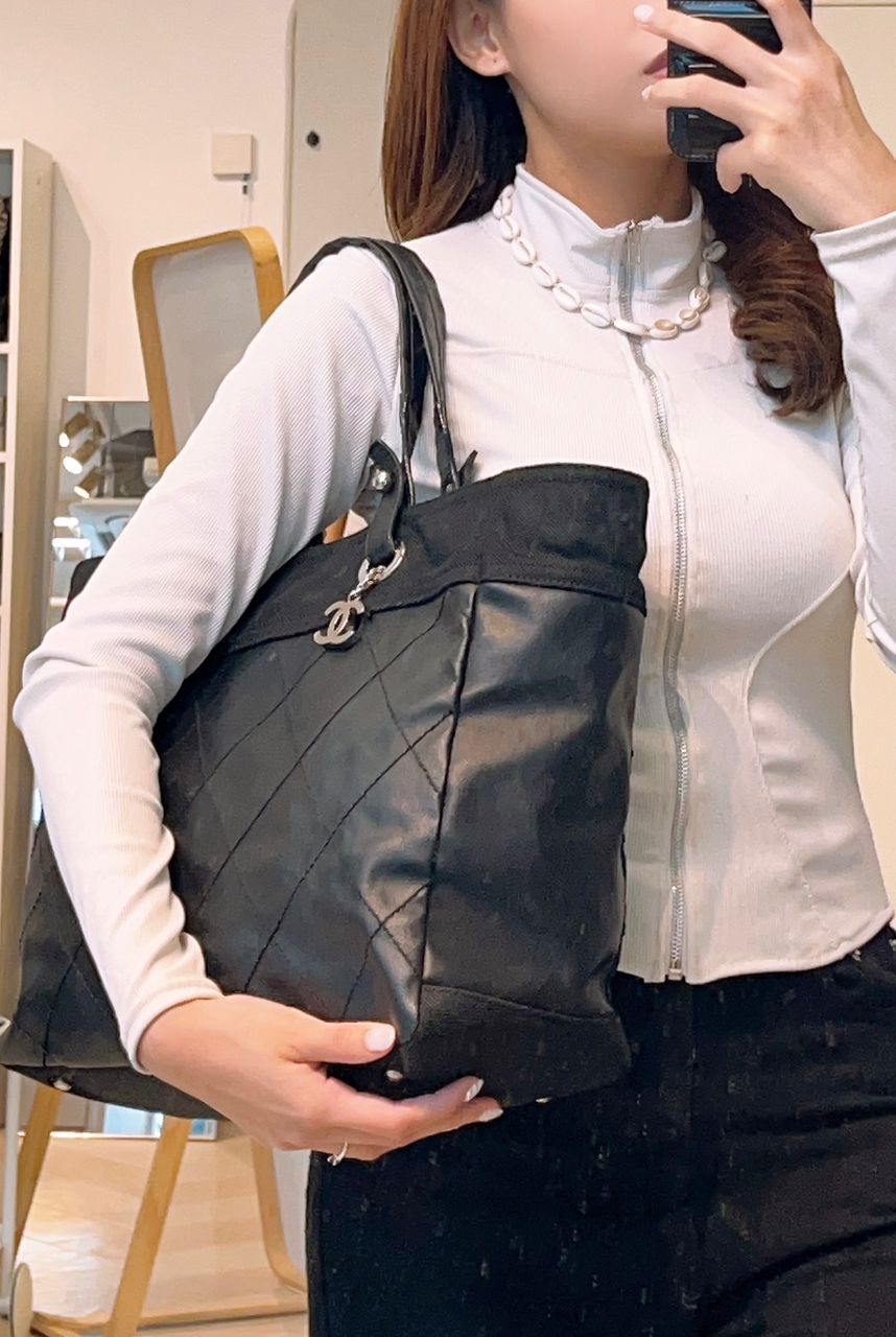 Chanel Black Coated Canvas Medium Biarritez Tote (SHW)