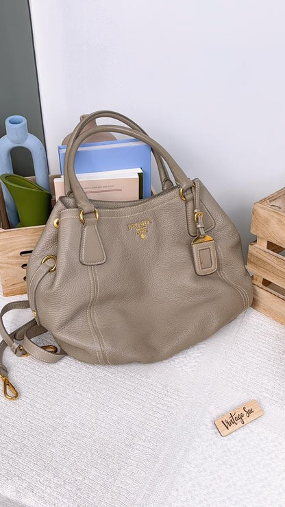 Prada Grey Leather Sacca 2 Manici Shoulder Tote Bag