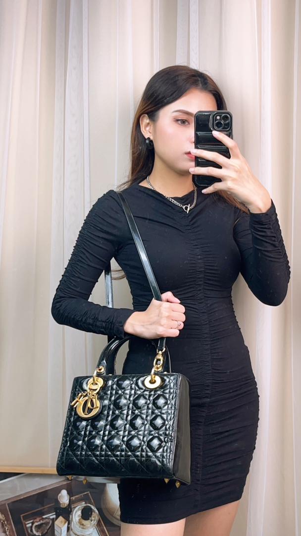 Dior Black Patent Medium Lady Dior (GHW)