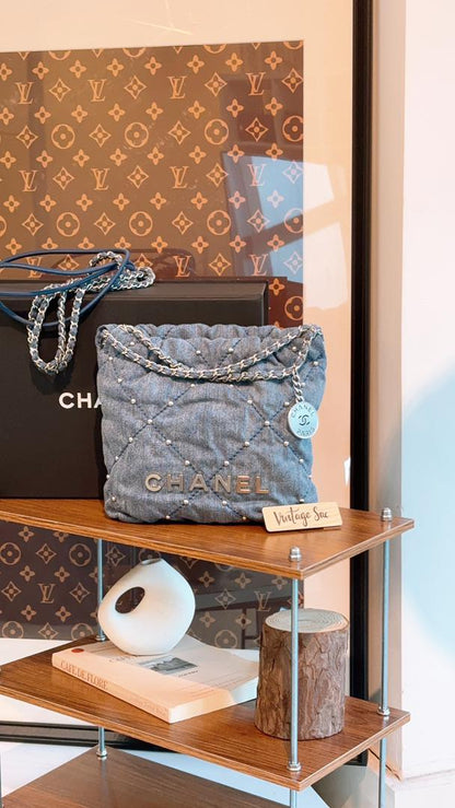 Chanel Denim Studded Mini 22 (SHW)