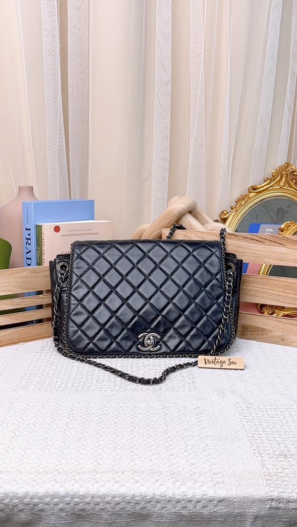 Chanel Navy Calfskin Chain Around Accordian Shoulder Bag (RHW)