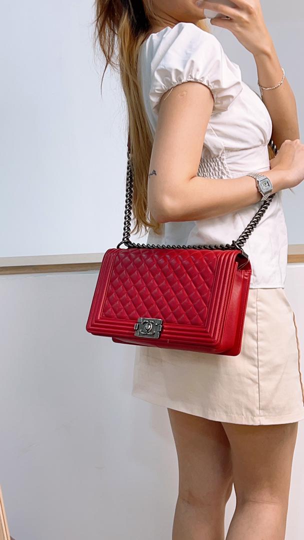 Chanel Red Lambskin New Medium Boy (RHW)