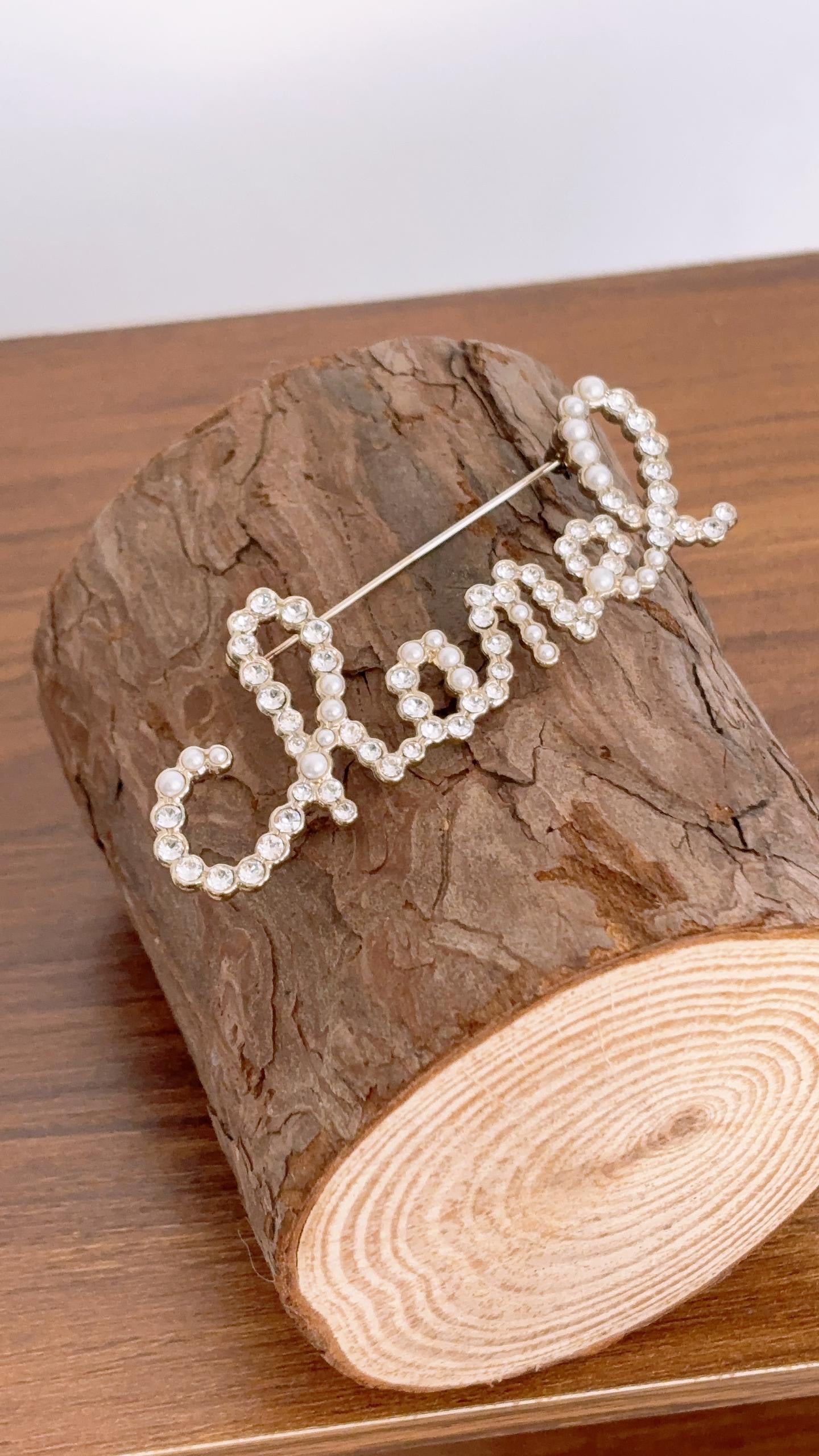 Chanel Light Gold Script Pearl Diamante Brooch