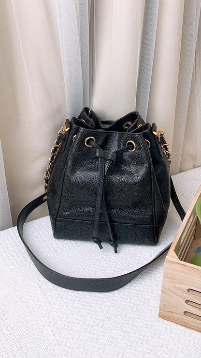 Chanel Black Caviar Vintage Drawstring Bucket Bag (GHW)