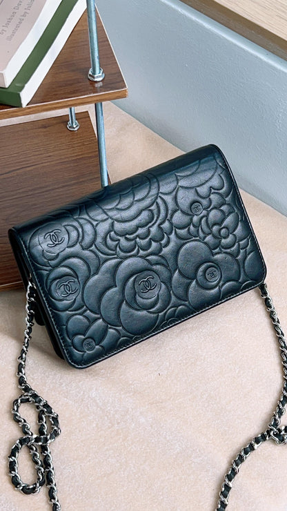 Chanel Black Camellia Embossed Lambskin WOC (SHW)