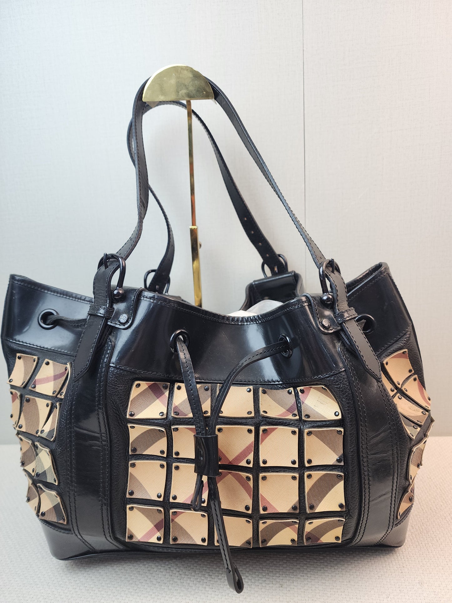 Burberry Nova Check Studded Warrior Armour Hobo Bag