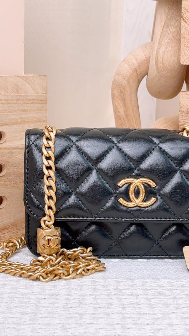 Chanel Black Lambskin 22K Pillow Crush Phone Flap Bag (GHW)