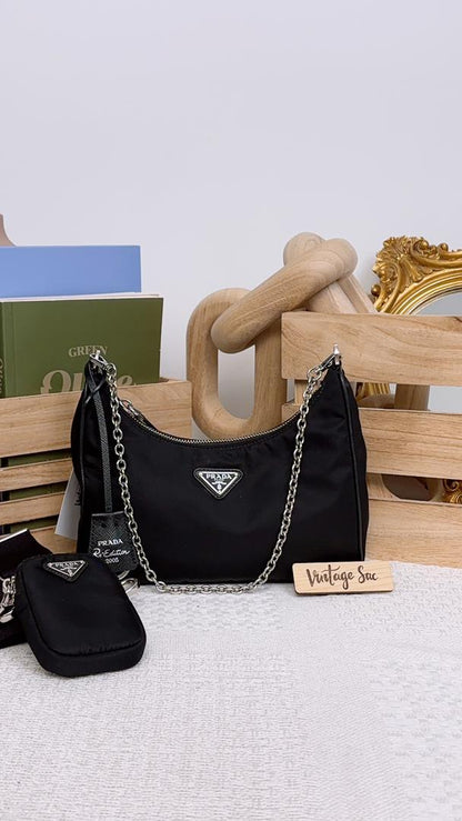 Prada Black Nylon Re-Edition 2005 3in1 Hobo (SHW)